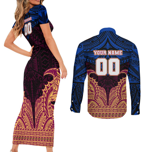 Personalized Brisbane Lions Couples Matching Short Sleeve Bodycon Dress and Long Sleeve Button Shirt Polynesian Tribal Lion Burgundy Gold Warrior