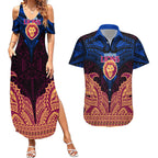 Personalized Brisbane Lions Couples Matching Summer Maxi Dress and Hawaiian Shirt Polynesian Tribal Lion Burgundy Gold Warrior