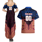 Personalized Brisbane Lions Couples Matching Summer Maxi Dress and Hawaiian Shirt Polynesian Tribal Lion Burgundy Gold Warrior