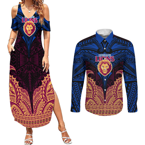 Personalized Brisbane Lions Couples Matching Summer Maxi Dress and Long Sleeve Button Shirt Polynesian Tribal Lion Burgundy Gold Warrior