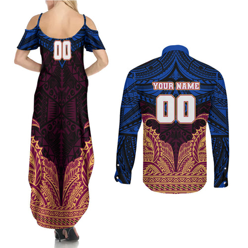 Personalized Brisbane Lions Couples Matching Summer Maxi Dress and Long Sleeve Button Shirt Polynesian Tribal Lion Burgundy Gold Warrior