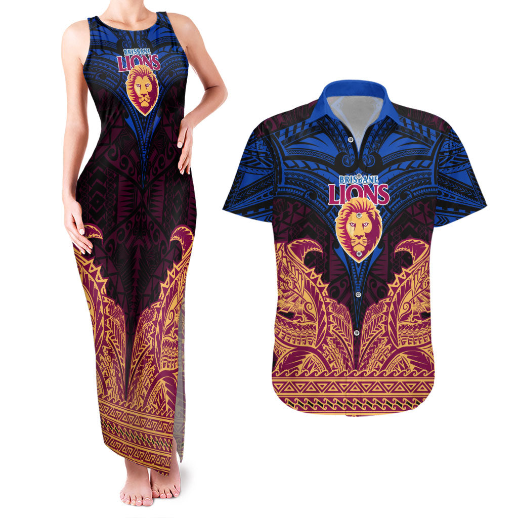 Personalized Brisbane Lions Couples Matching Tank Maxi Dress and Hawaiian Shirt Polynesian Tribal Lion Burgundy Gold Warrior