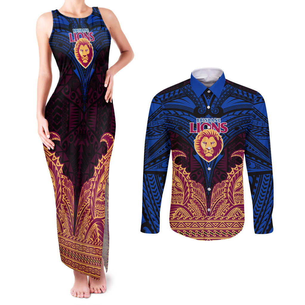 Personalized Brisbane Lions Couples Matching Tank Maxi Dress and Long Sleeve Button Shirt Polynesian Tribal Lion Burgundy Gold Warrior