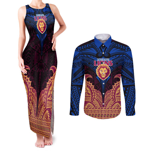 Personalized Brisbane Lions Couples Matching Tank Maxi Dress and Long Sleeve Button Shirt Polynesian Tribal Lion Burgundy Gold Warrior