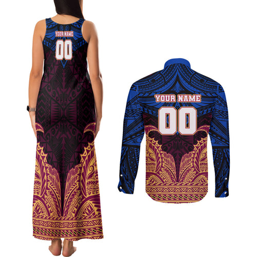 Personalized Brisbane Lions Couples Matching Tank Maxi Dress and Long Sleeve Button Shirt Polynesian Tribal Lion Burgundy Gold Warrior