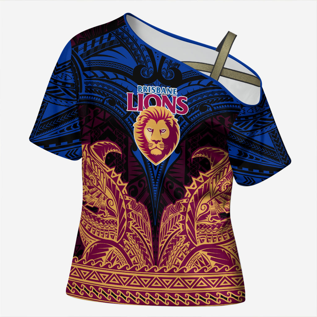 Personalized Brisbane Lions Cross Shoulder Shirt Polynesian Tribal Lion Burgundy Gold Warrior