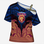 Personalized Brisbane Lions Cross Shoulder Shirt Polynesian Tribal Lion Burgundy Gold Warrior