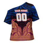 Personalized Brisbane Lions Cross Shoulder Shirt Polynesian Tribal Lion Burgundy Gold Warrior