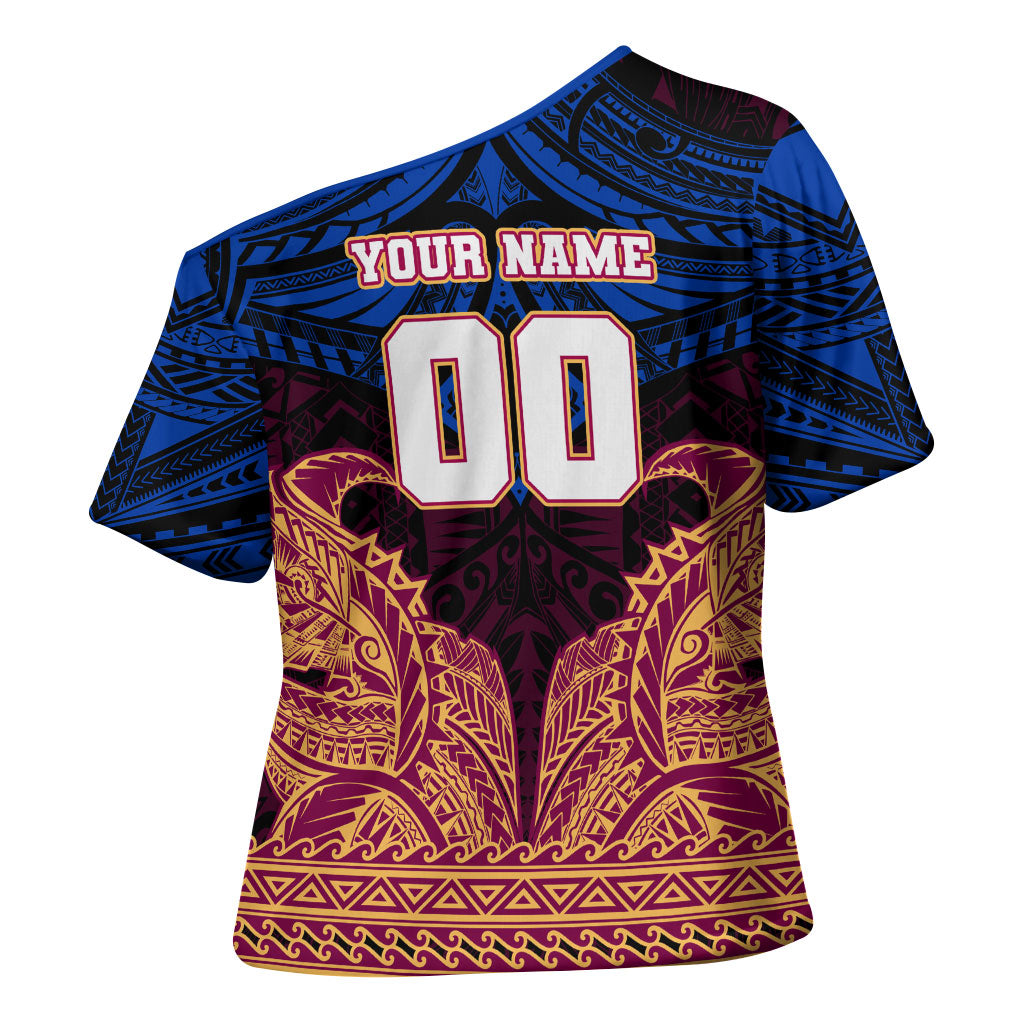 Personalized Brisbane Lions Cross Shoulder Shirt Polynesian Tribal Lion Burgundy Gold Warrior
