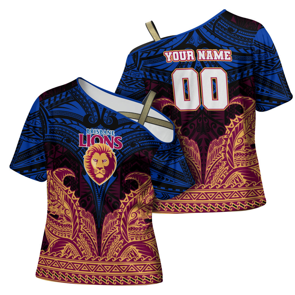 Personalized Brisbane Lions Cross Shoulder Shirt Polynesian Tribal Lion Burgundy Gold Warrior