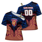 Personalized Brisbane Lions Cross Shoulder Shirt Polynesian Tribal Lion Burgundy Gold Warrior