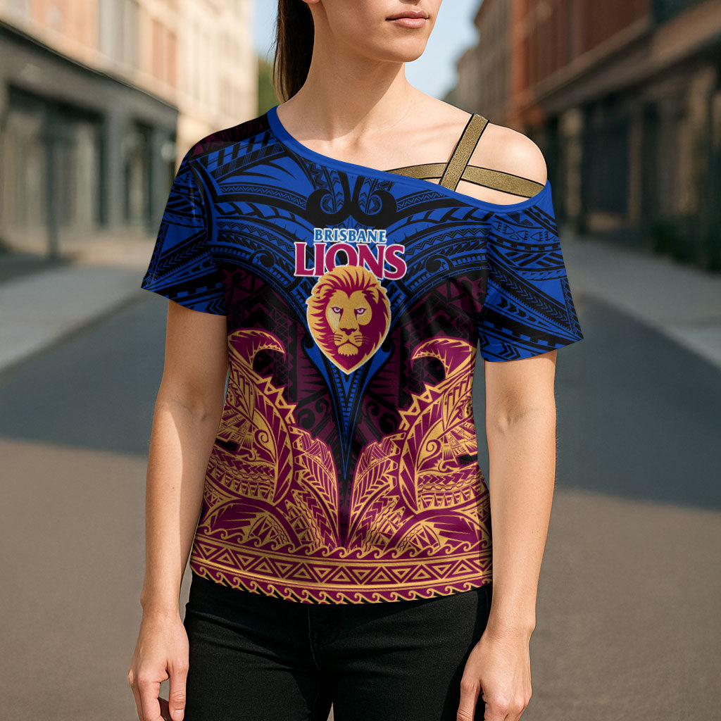 Personalized Brisbane Lions Cross Shoulder Shirt Polynesian Tribal Lion Burgundy Gold Warrior