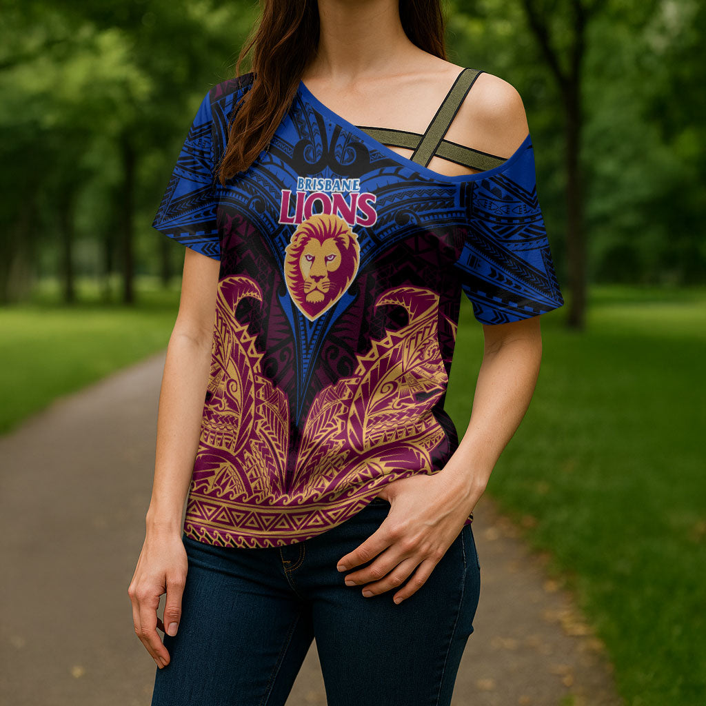 Personalized Brisbane Lions Cross Shoulder Shirt Polynesian Tribal Lion Burgundy Gold Warrior