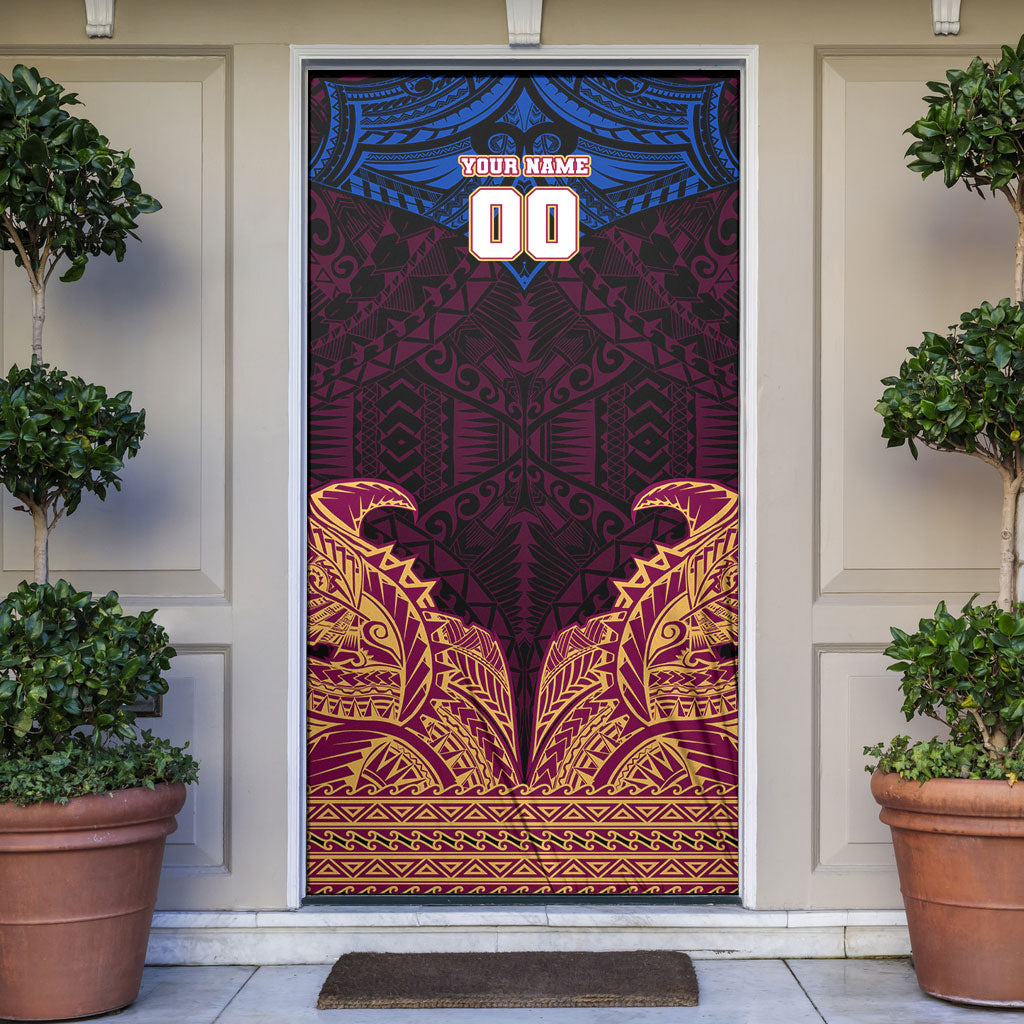 Personalized Brisbane Lions Door Cover Polynesian Tribal Lion Burgundy Gold Warrior