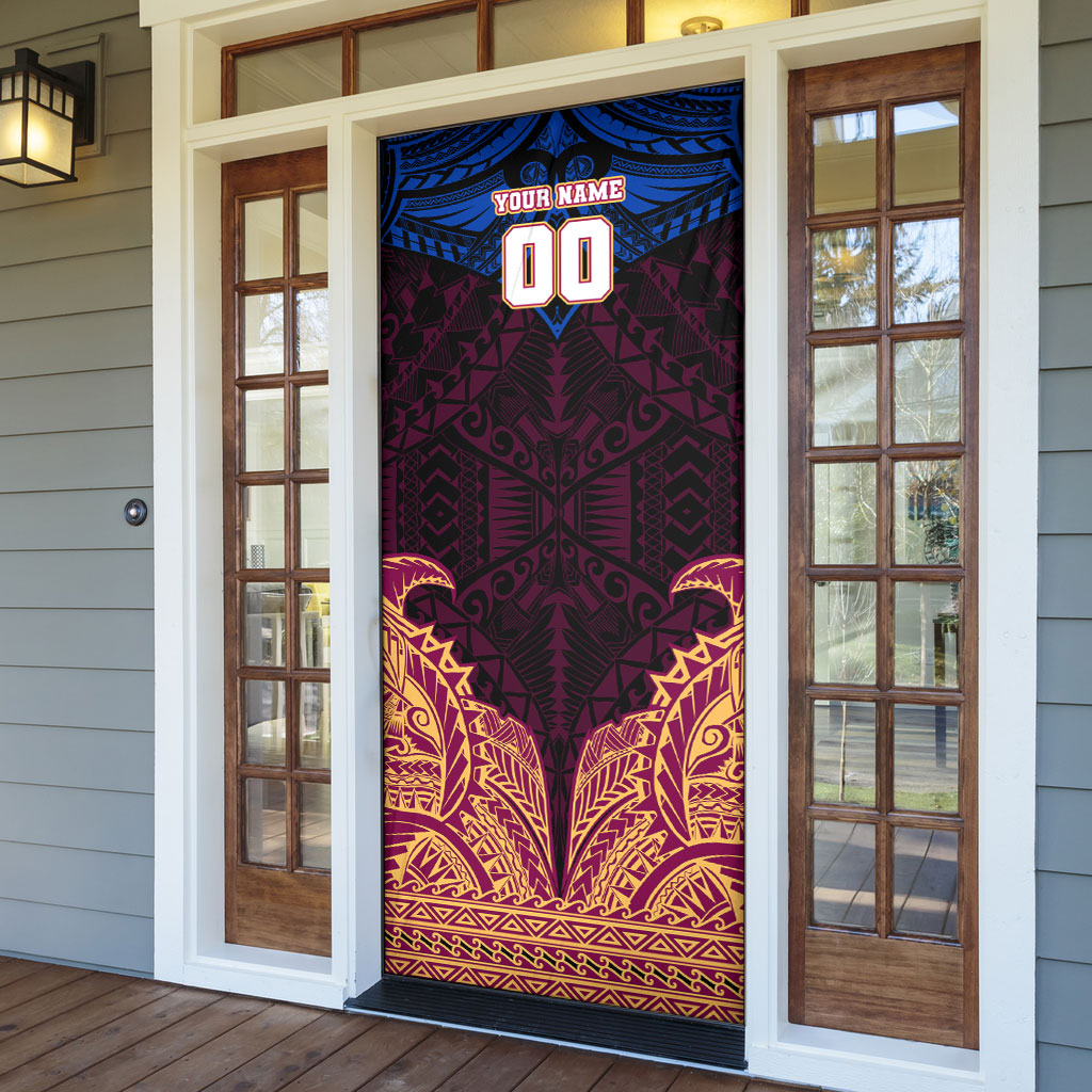 Personalized Brisbane Lions Door Cover Polynesian Tribal Lion Burgundy Gold Warrior