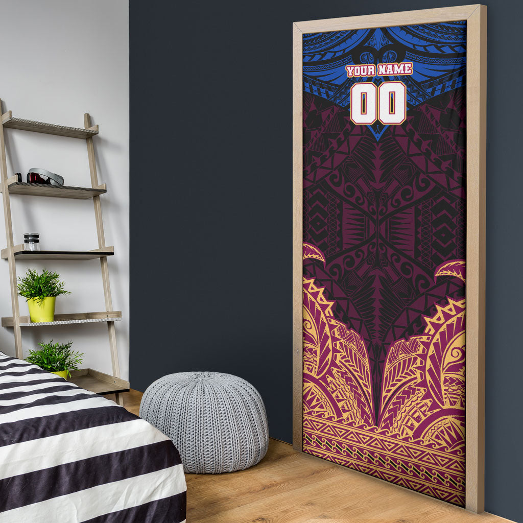 Personalized Brisbane Lions Door Cover Polynesian Tribal Lion Burgundy Gold Warrior