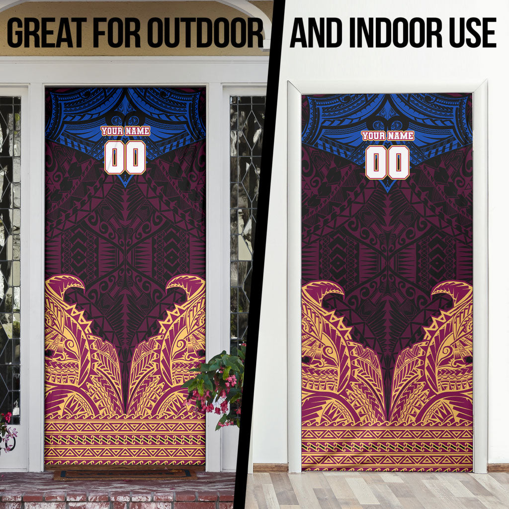 Personalized Brisbane Lions Door Cover Polynesian Tribal Lion Burgundy Gold Warrior