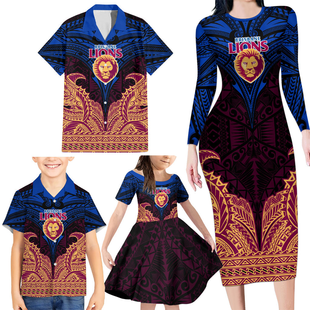 Personalized Brisbane Lions Family Matching Long Sleeve Bodycon Dress and Hawaiian Shirt Polynesian Tribal Lion Burgundy Gold Warrior