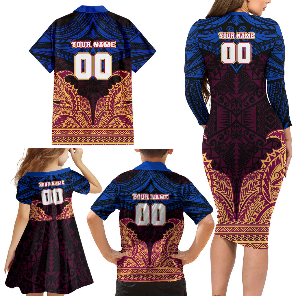 Personalized Brisbane Lions Family Matching Long Sleeve Bodycon Dress and Hawaiian Shirt Polynesian Tribal Lion Burgundy Gold Warrior