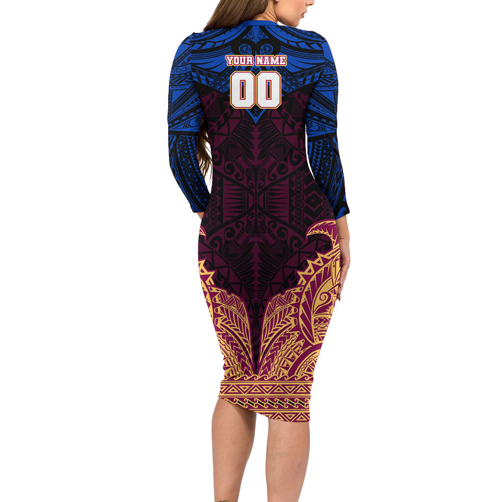 Personalized Brisbane Lions Family Matching Long Sleeve Bodycon Dress and Hawaiian Shirt Polynesian Tribal Lion Burgundy Gold Warrior