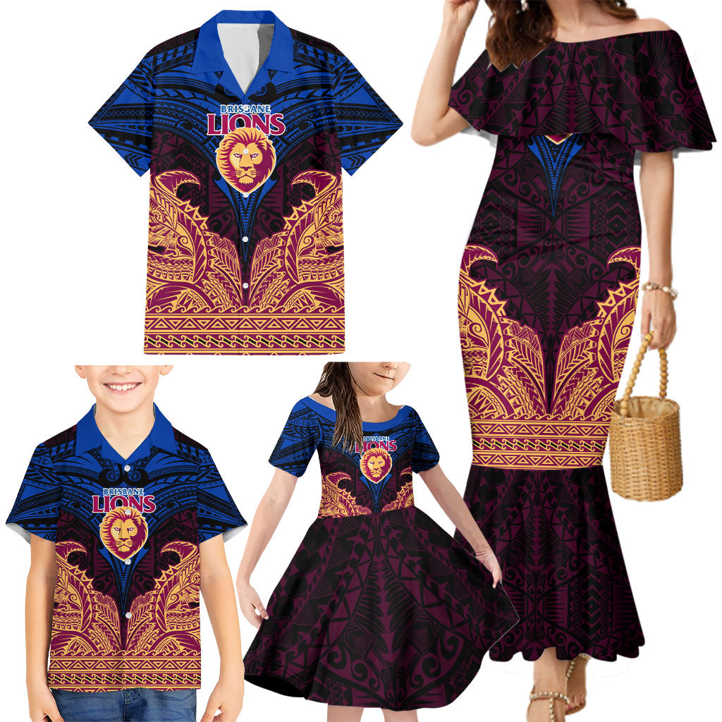 Personalized Brisbane Lions Family Matching Mermaid Dress and Hawaiian Shirt Polynesian Tribal Lion Burgundy Gold Warrior