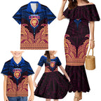 Personalized Brisbane Lions Family Matching Mermaid Dress and Hawaiian Shirt Polynesian Tribal Lion Burgundy Gold Warrior