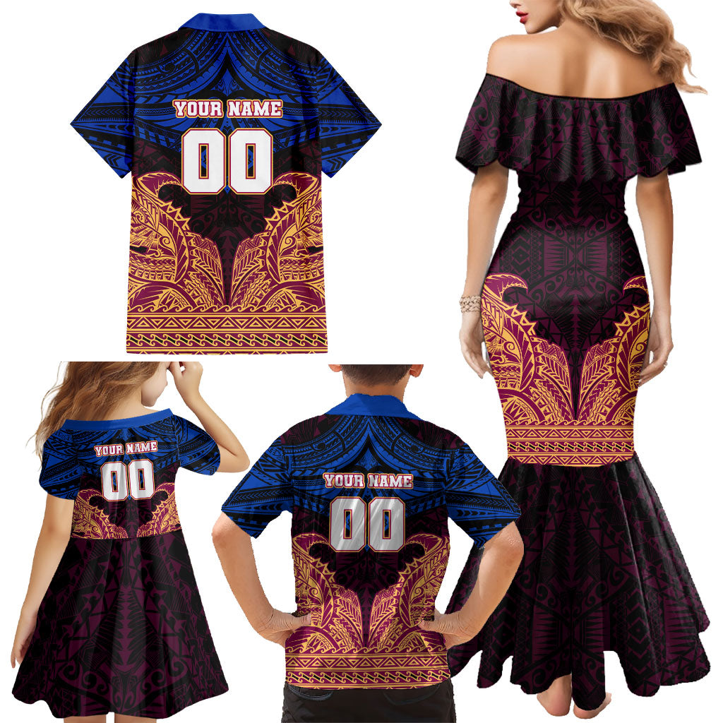 Personalized Brisbane Lions Family Matching Mermaid Dress and Hawaiian Shirt Polynesian Tribal Lion Burgundy Gold Warrior