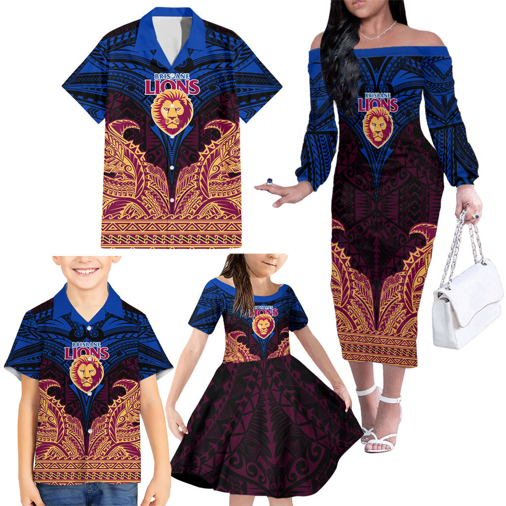 Personalized Brisbane Lions Family Matching Off The Shoulder Long Sleeve Dress and Hawaiian Shirt Polynesian Tribal Lion Burgundy Gold Warrior