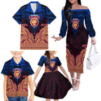 Personalized Brisbane Lions Family Matching Off The Shoulder Long Sleeve Dress and Hawaiian Shirt Polynesian Tribal Lion Burgundy Gold Warrior
