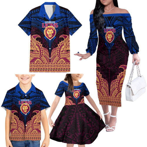 Personalized Brisbane Lions Family Matching Off The Shoulder Long Sleeve Dress and Hawaiian Shirt Polynesian Tribal Lion Burgundy Gold Warrior
