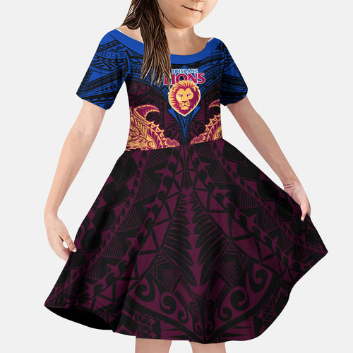 Personalized Brisbane Lions Family Matching Off The Shoulder Long Sleeve Dress and Hawaiian Shirt Polynesian Tribal Lion Burgundy Gold Warrior