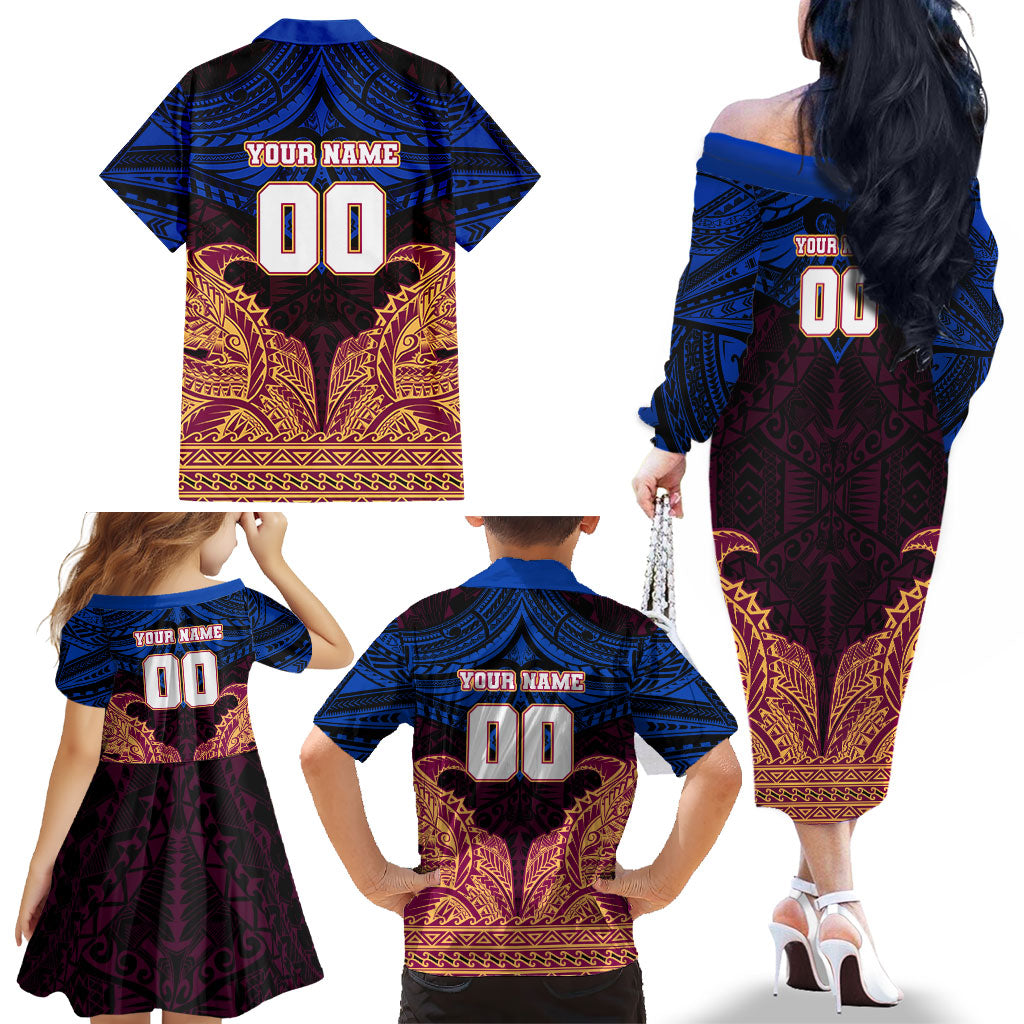 Personalized Brisbane Lions Family Matching Off The Shoulder Long Sleeve Dress and Hawaiian Shirt Polynesian Tribal Lion Burgundy Gold Warrior