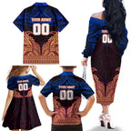 Personalized Brisbane Lions Family Matching Off The Shoulder Long Sleeve Dress and Hawaiian Shirt Polynesian Tribal Lion Burgundy Gold Warrior