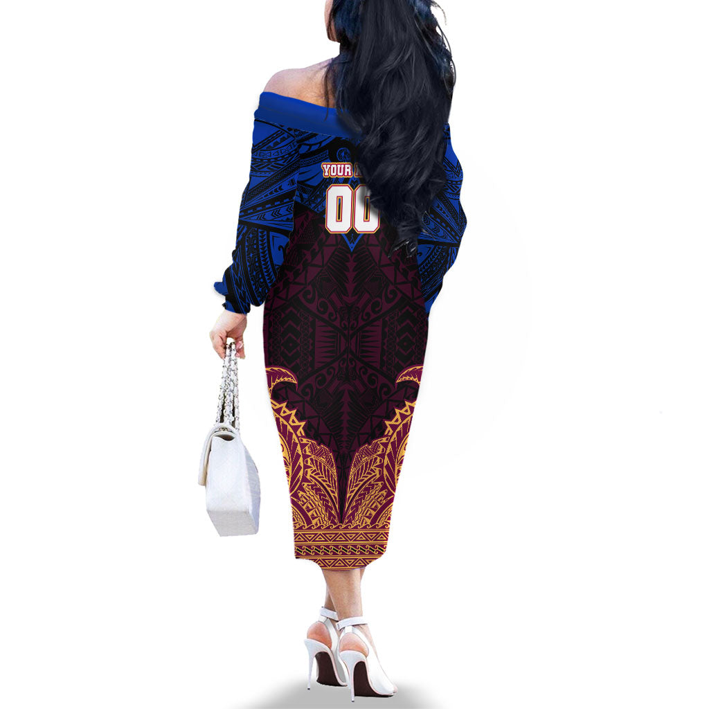 Personalized Brisbane Lions Family Matching Off The Shoulder Long Sleeve Dress and Hawaiian Shirt Polynesian Tribal Lion Burgundy Gold Warrior