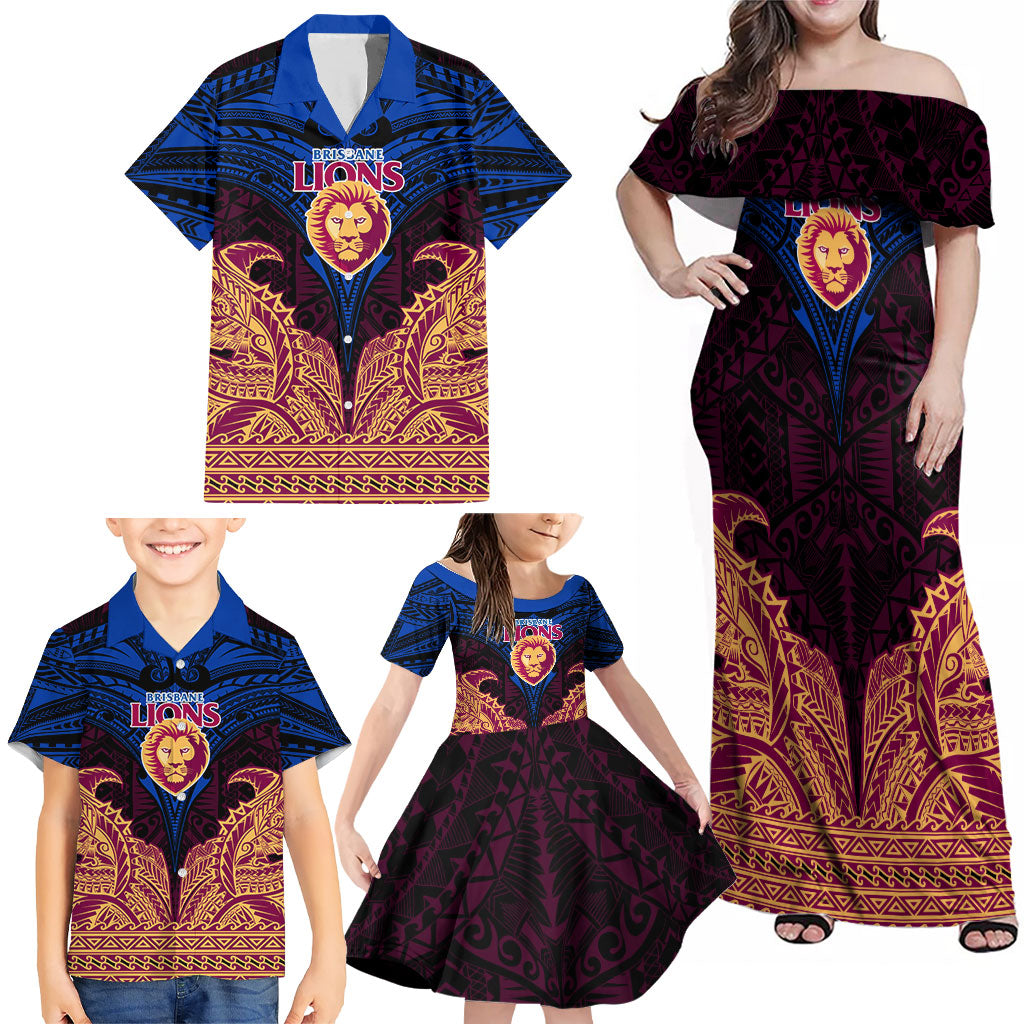 Personalized Brisbane Lions Family Matching Off Shoulder Maxi Dress and Hawaiian Shirt Polynesian Tribal Lion Burgundy Gold Warrior