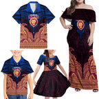 Personalized Brisbane Lions Family Matching Off Shoulder Maxi Dress and Hawaiian Shirt Polynesian Tribal Lion Burgundy Gold Warrior