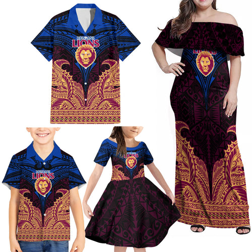 Personalized Brisbane Lions Family Matching Off Shoulder Maxi Dress and Hawaiian Shirt Polynesian Tribal Lion Burgundy Gold Warrior