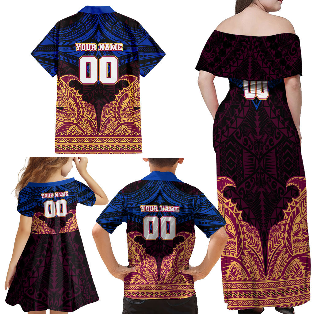 Personalized Brisbane Lions Family Matching Off Shoulder Maxi Dress and Hawaiian Shirt Polynesian Tribal Lion Burgundy Gold Warrior