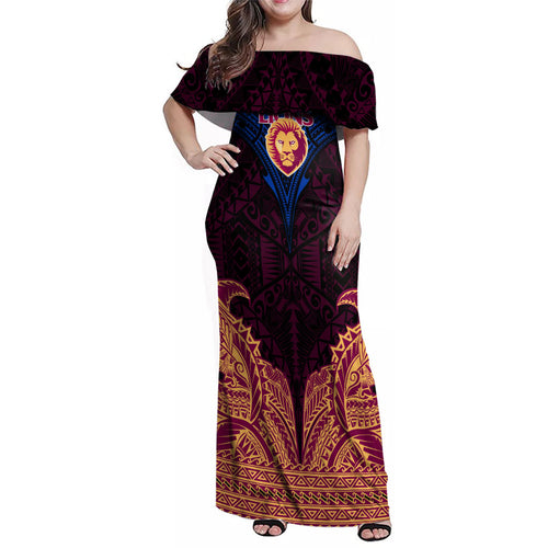 Personalized Brisbane Lions Family Matching Off Shoulder Maxi Dress and Hawaiian Shirt Polynesian Tribal Lion Burgundy Gold Warrior