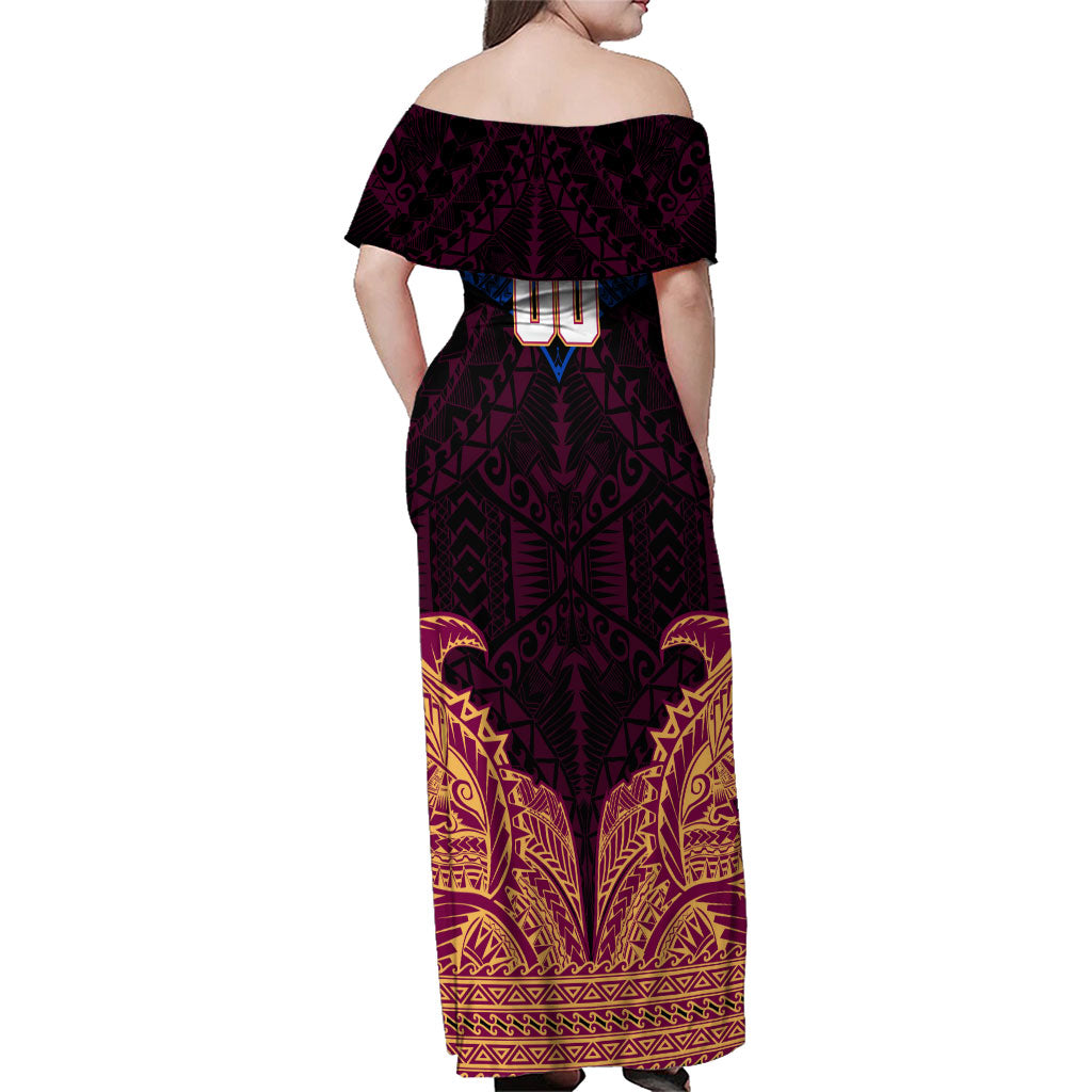 Personalized Brisbane Lions Family Matching Off Shoulder Maxi Dress and Hawaiian Shirt Polynesian Tribal Lion Burgundy Gold Warrior