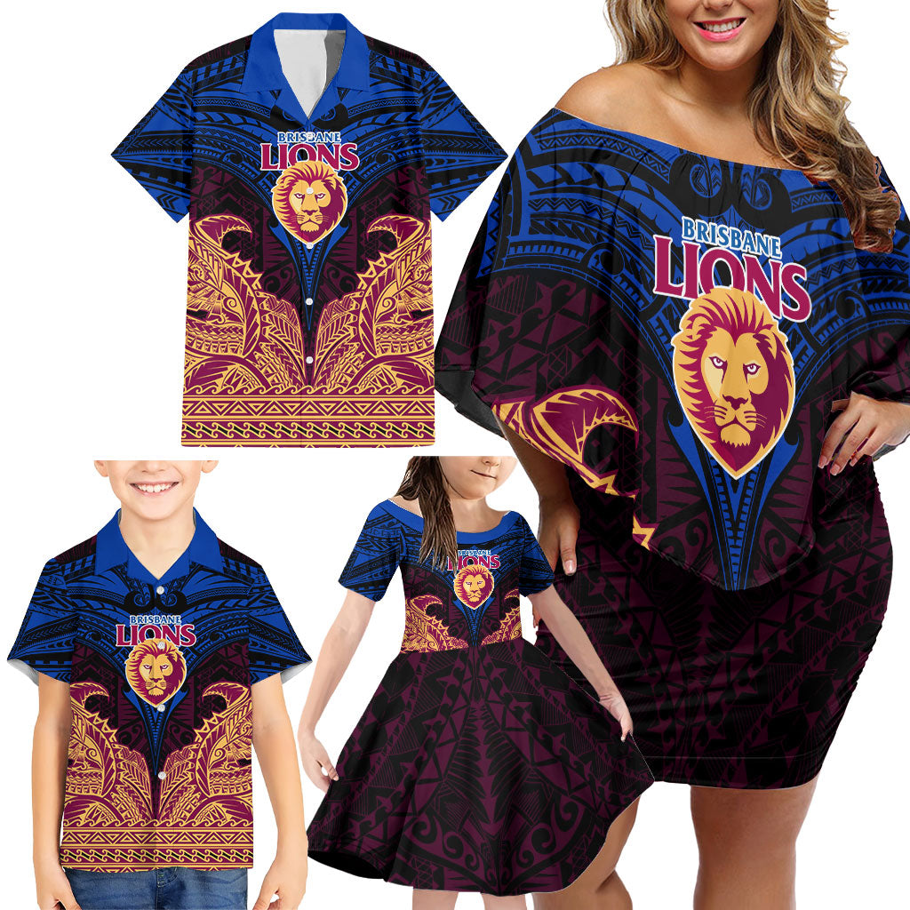 Personalized Brisbane Lions Family Matching Off Shoulder Short Dress and Hawaiian Shirt Polynesian Tribal Lion Burgundy Gold Warrior