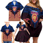 Personalized Brisbane Lions Family Matching Off Shoulder Short Dress and Hawaiian Shirt Polynesian Tribal Lion Burgundy Gold Warrior