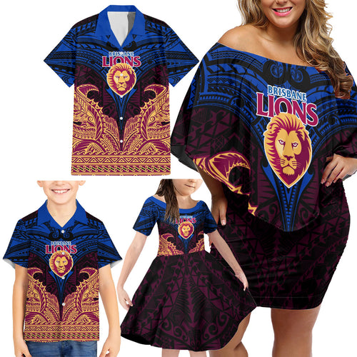 Personalized Brisbane Lions Family Matching Off Shoulder Short Dress and Hawaiian Shirt Polynesian Tribal Lion Burgundy Gold Warrior