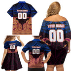 Personalized Brisbane Lions Family Matching Off Shoulder Short Dress and Hawaiian Shirt Polynesian Tribal Lion Burgundy Gold Warrior