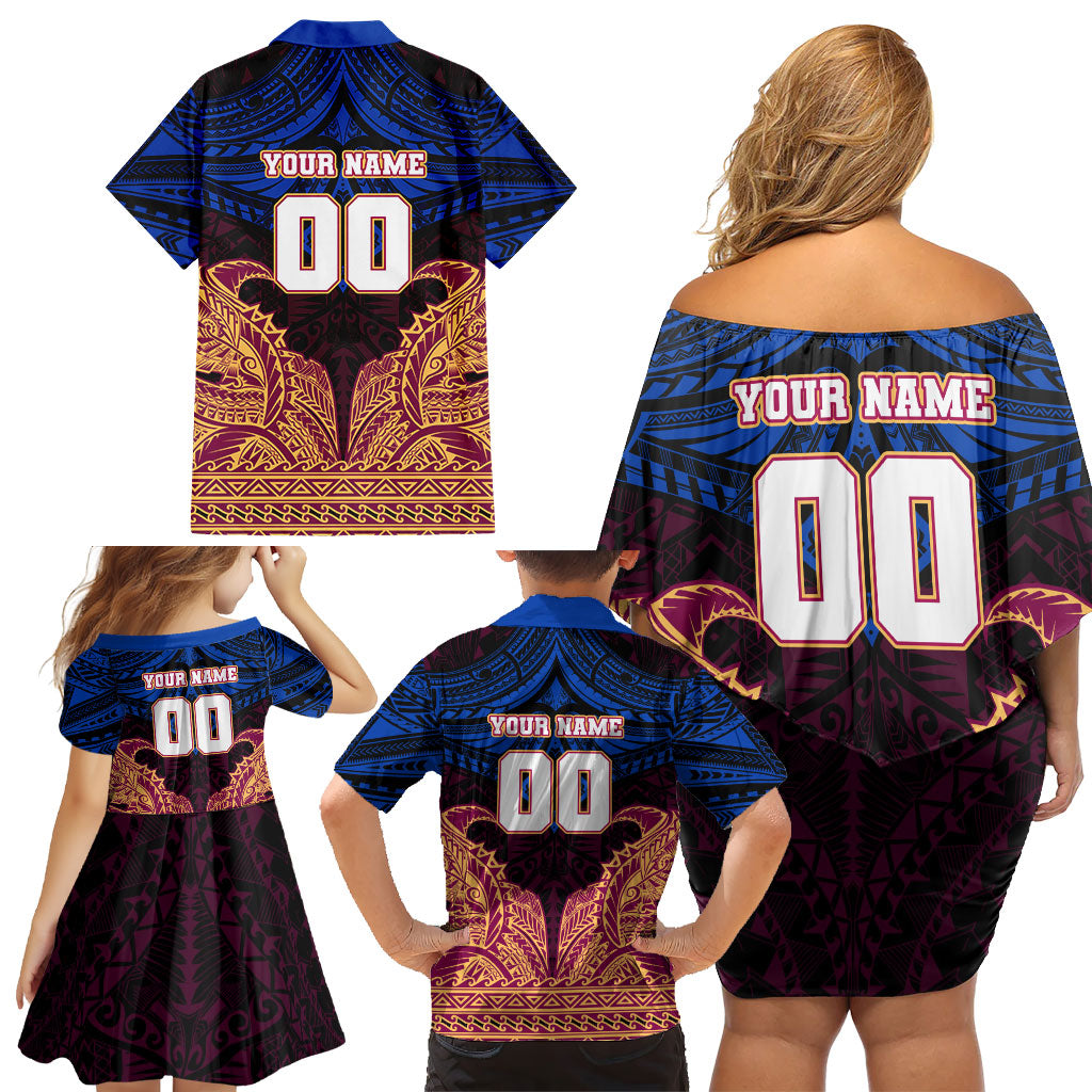 Personalized Brisbane Lions Family Matching Off Shoulder Short Dress and Hawaiian Shirt Polynesian Tribal Lion Burgundy Gold Warrior