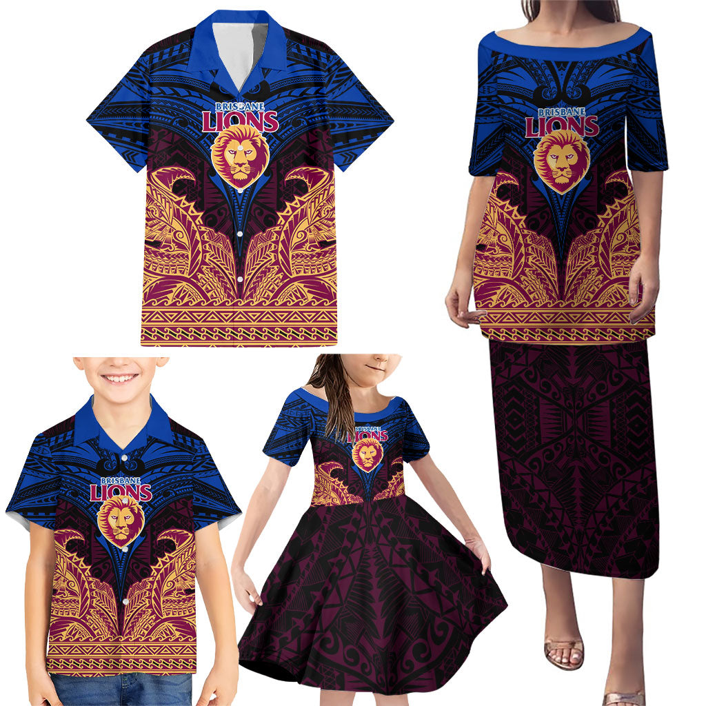 Personalized Brisbane Lions Family Matching Puletasi and Hawaiian Shirt Polynesian Tribal Lion Burgundy Gold Warrior