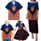 Personalized Brisbane Lions Family Matching Puletasi and Hawaiian Shirt Polynesian Tribal Lion Burgundy Gold Warrior
