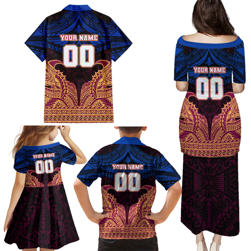 Personalized Brisbane Lions Family Matching Puletasi and Hawaiian Shirt Polynesian Tribal Lion Burgundy Gold Warrior