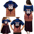 Personalized Brisbane Lions Family Matching Puletasi and Hawaiian Shirt Polynesian Tribal Lion Burgundy Gold Warrior
