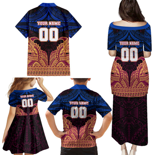 Personalized Brisbane Lions Family Matching Puletasi and Hawaiian Shirt Polynesian Tribal Lion Burgundy Gold Warrior
